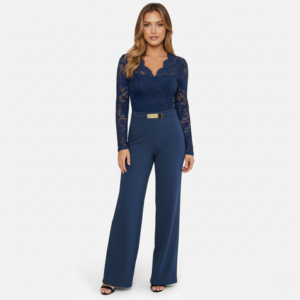 Jumpsuit Women's Lace Long Sleeve Wide Leg Belted Waist