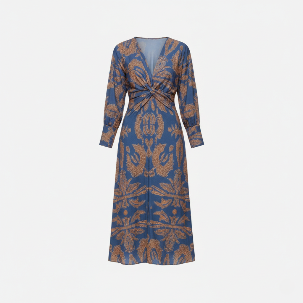 Midi Dress Women's Printed Twist Front V-neck Long Sleeve