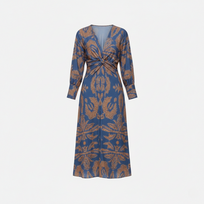 Midi Dress Women's Printed Twist Front V-neck Long Sleeve