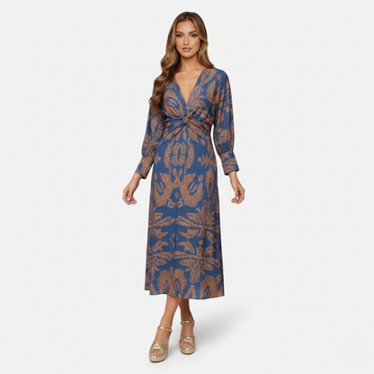 Midi Dress Women's Printed Twist Front V-neck Long Sleeve