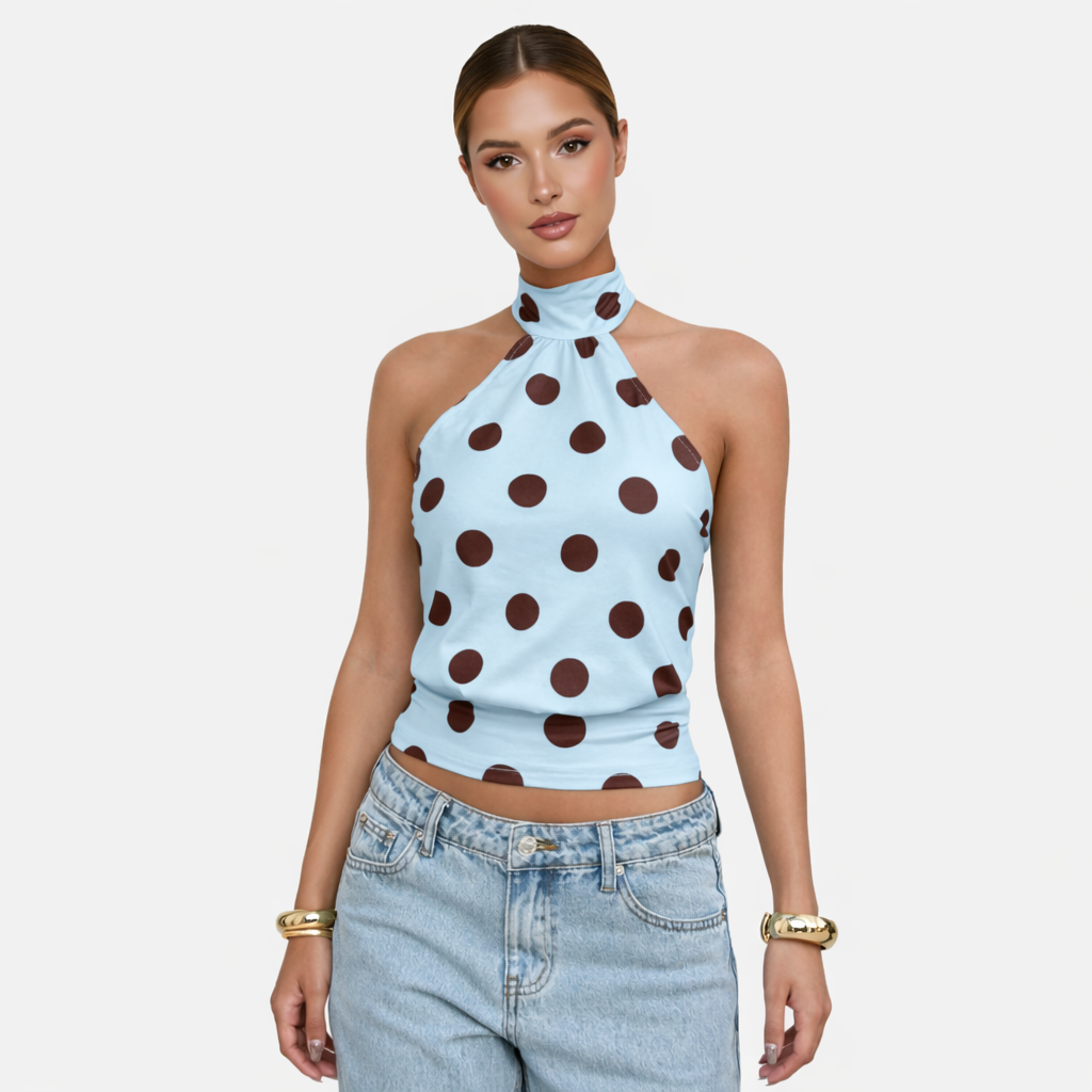 Polka Dot Blouse Women's Halter Neck Sleeveless Tie Back