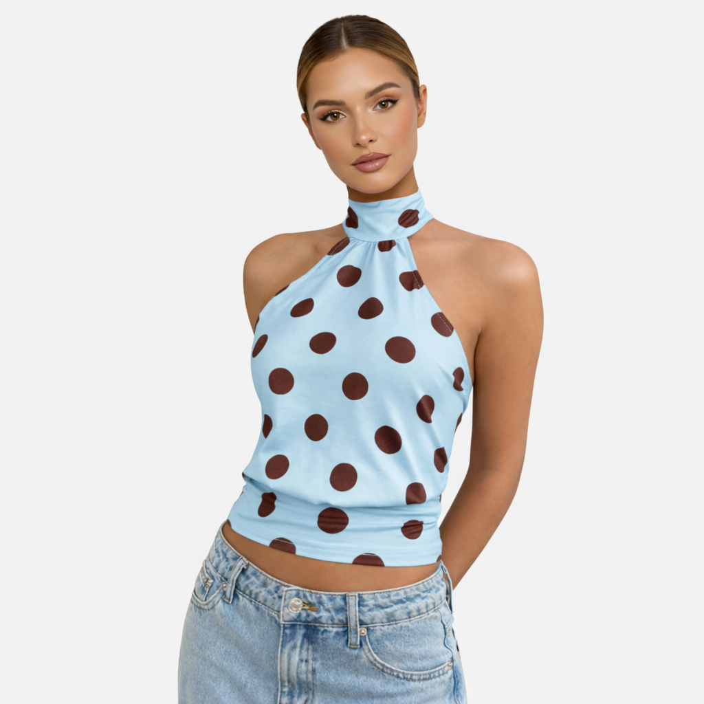 Polka Dot Blouse Women's Halter Neck Sleeveless Tie Back