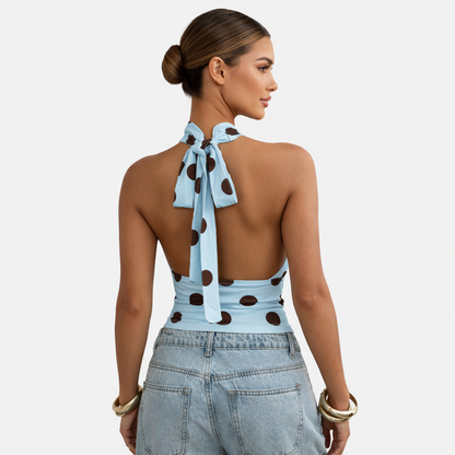 Polka Dot Blouse Women's Halter Neck Sleeveless Tie Back