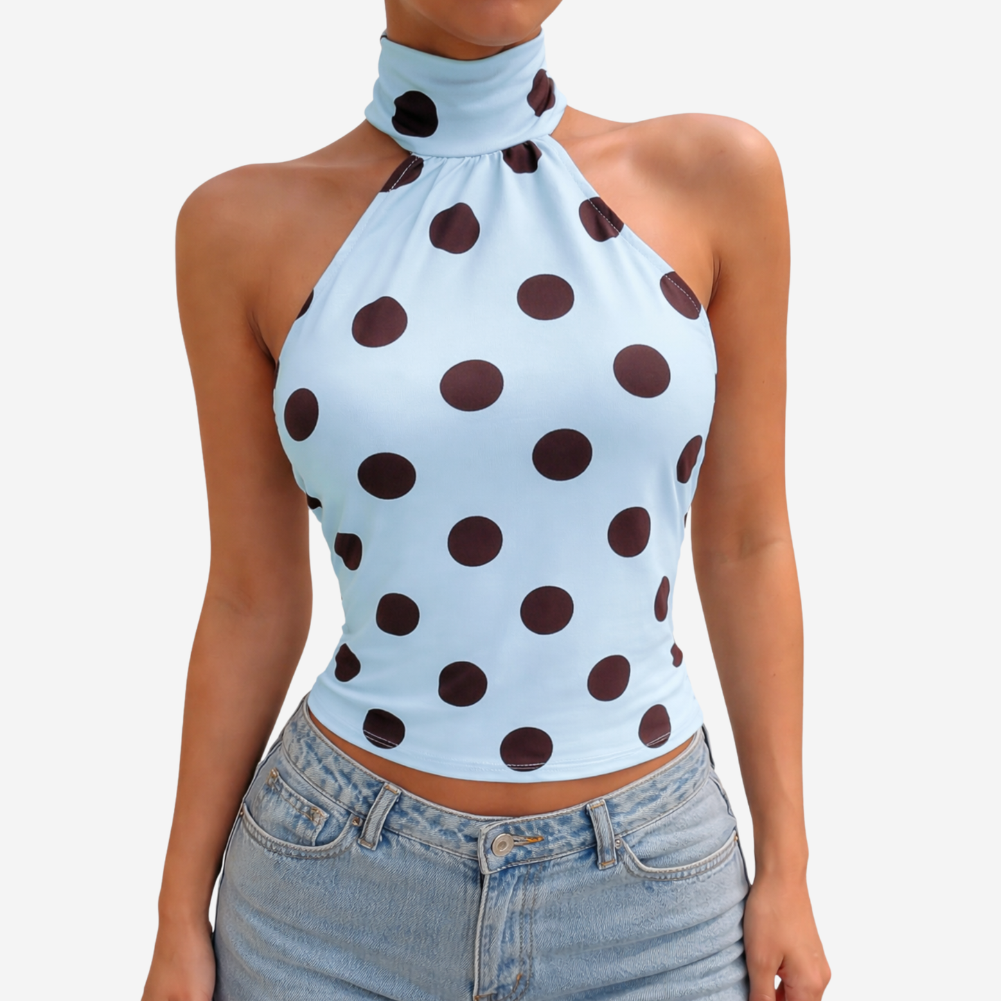 Polka Dot Blouse Women's Halter Neck Sleeveless Tie Back
