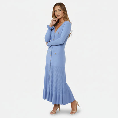 Mavenburry | Women’s Button-Front Ribbed Knit Long Midi Dress