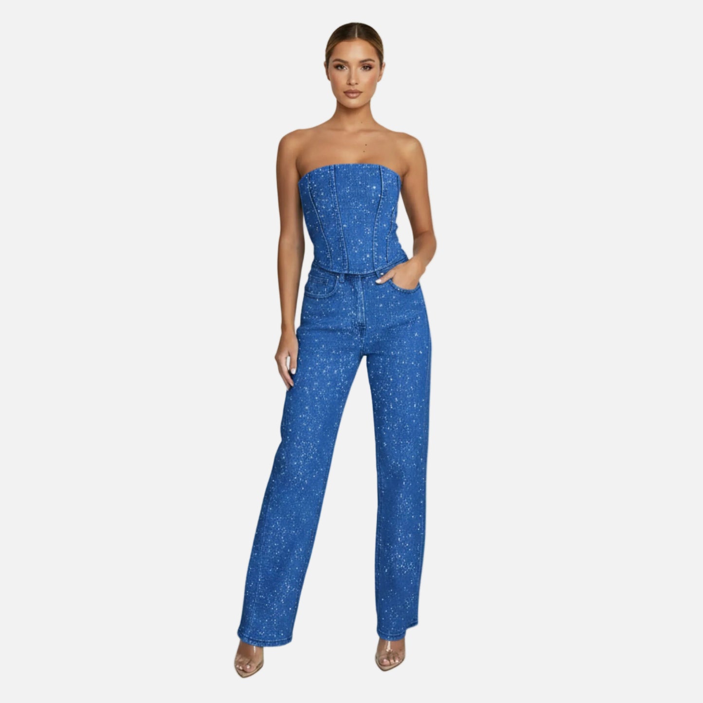 Strapless Vest Top and Straight Leg Pants Set Women’s Sequin Embellished