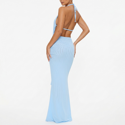 Two-piece Set Women's Halter Cowl Neck Top and Ruched Maxi Skirt