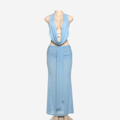 Two-piece Set Women's Halter Cowl Neck Top and Ruched Maxi Skirt