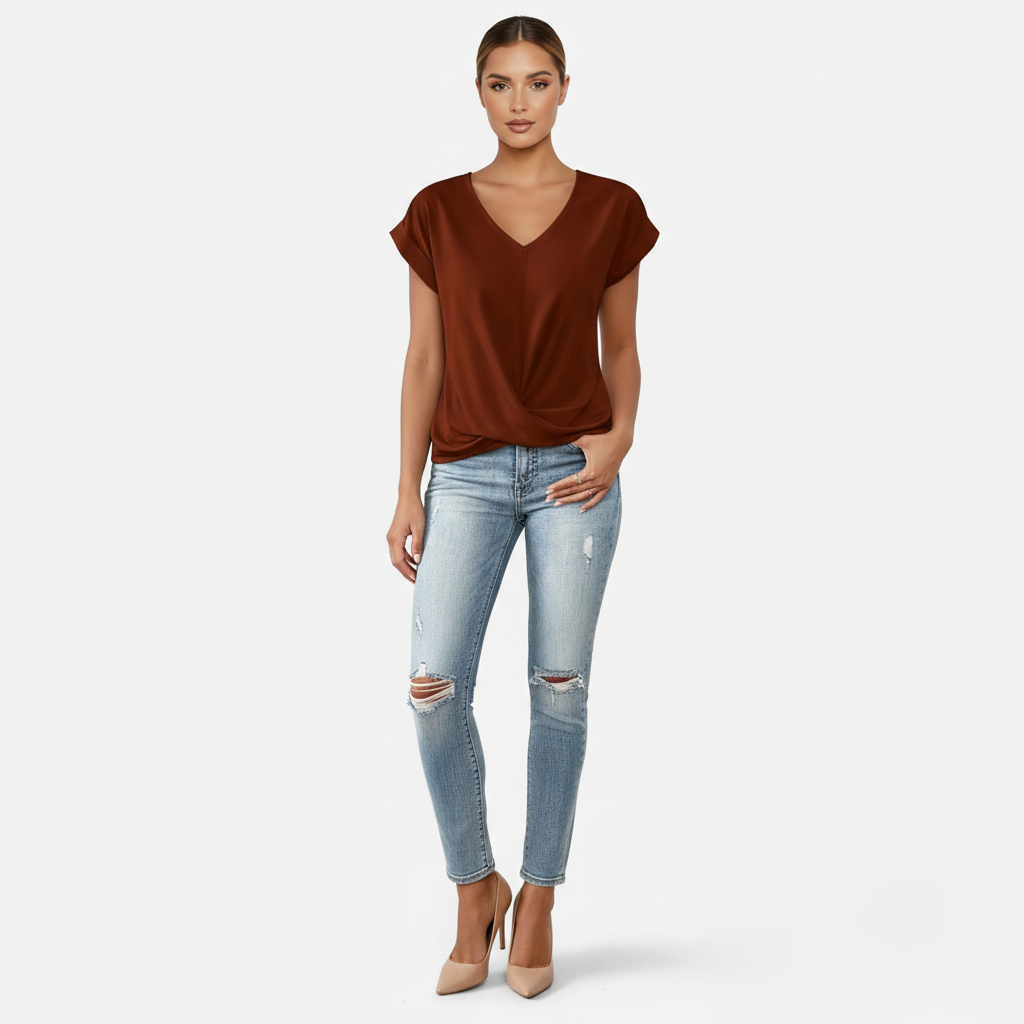 Blouse Women's V-neck Short Sleeve Twist Front