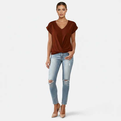 Blouse Women's V-neck Short Sleeve Twist Front
