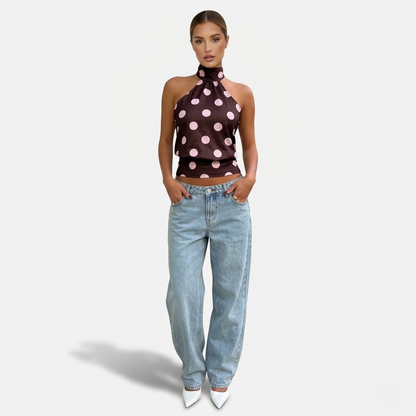Polka Dot Blouse Women's Halter Neck Sleeveless Tie Back