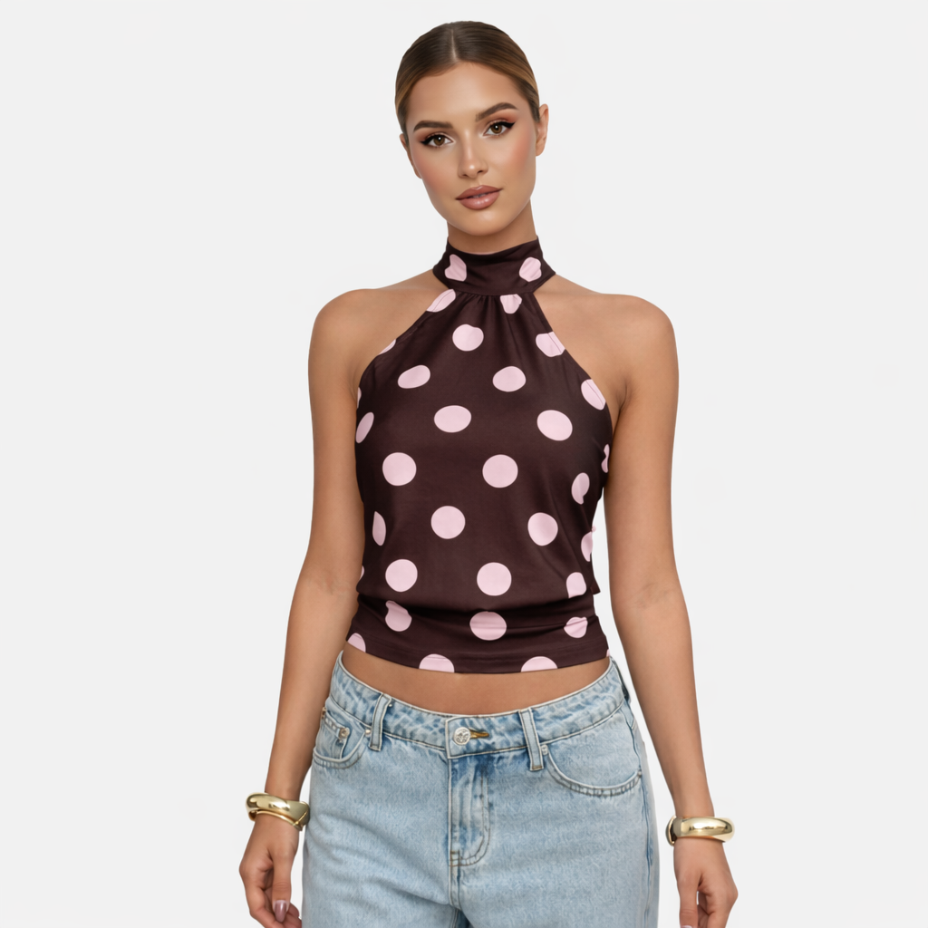 Polka Dot Blouse Women's Halter Neck Sleeveless Tie Back