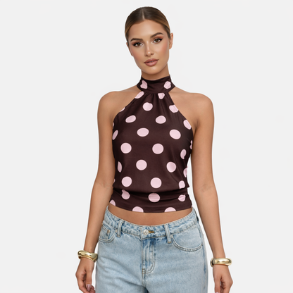 Polka Dot Blouse Women's Halter Neck Sleeveless Tie Back