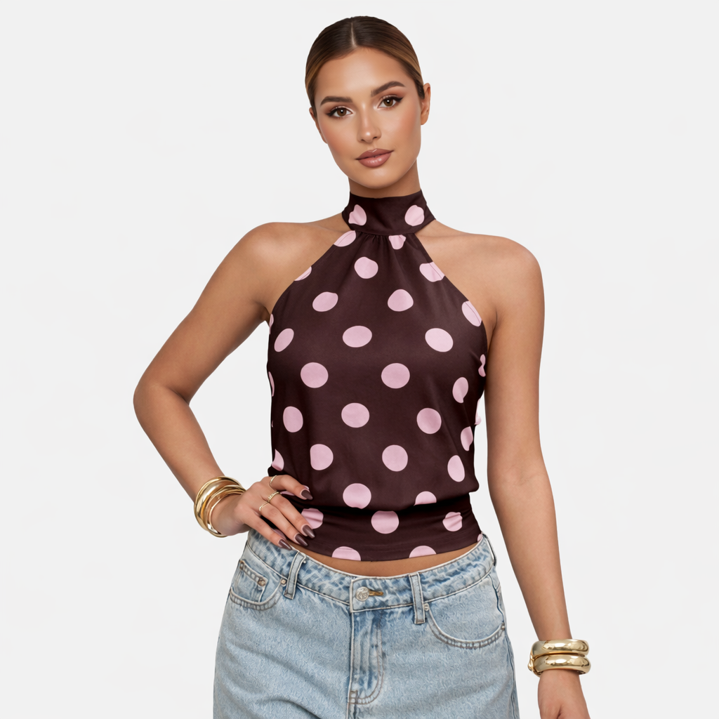 Polka Dot Blouse Women's Halter Neck Sleeveless Tie Back