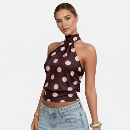 Polka Dot Blouse Women's Halter Neck Sleeveless Tie Back