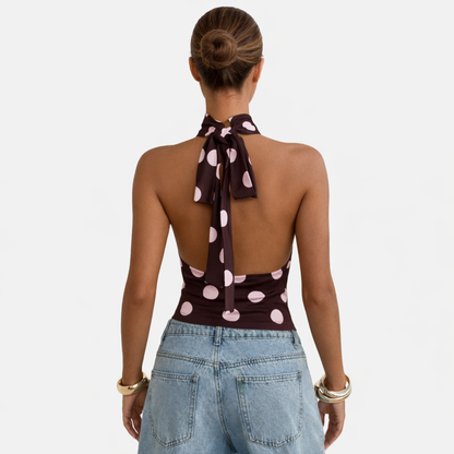 Polka Dot Blouse Women's Halter Neck Sleeveless Tie Back