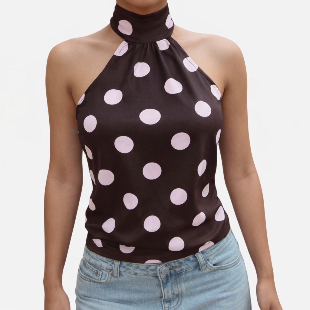 Polka Dot Blouse Women's Halter Neck Sleeveless Tie Back