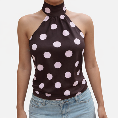 Polka Dot Blouse Women's Halter Neck Sleeveless Tie Back