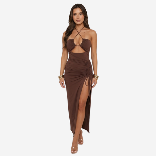 Maxi Dress Women's Halter Cut-out Ruched Side Slit with Drawstring