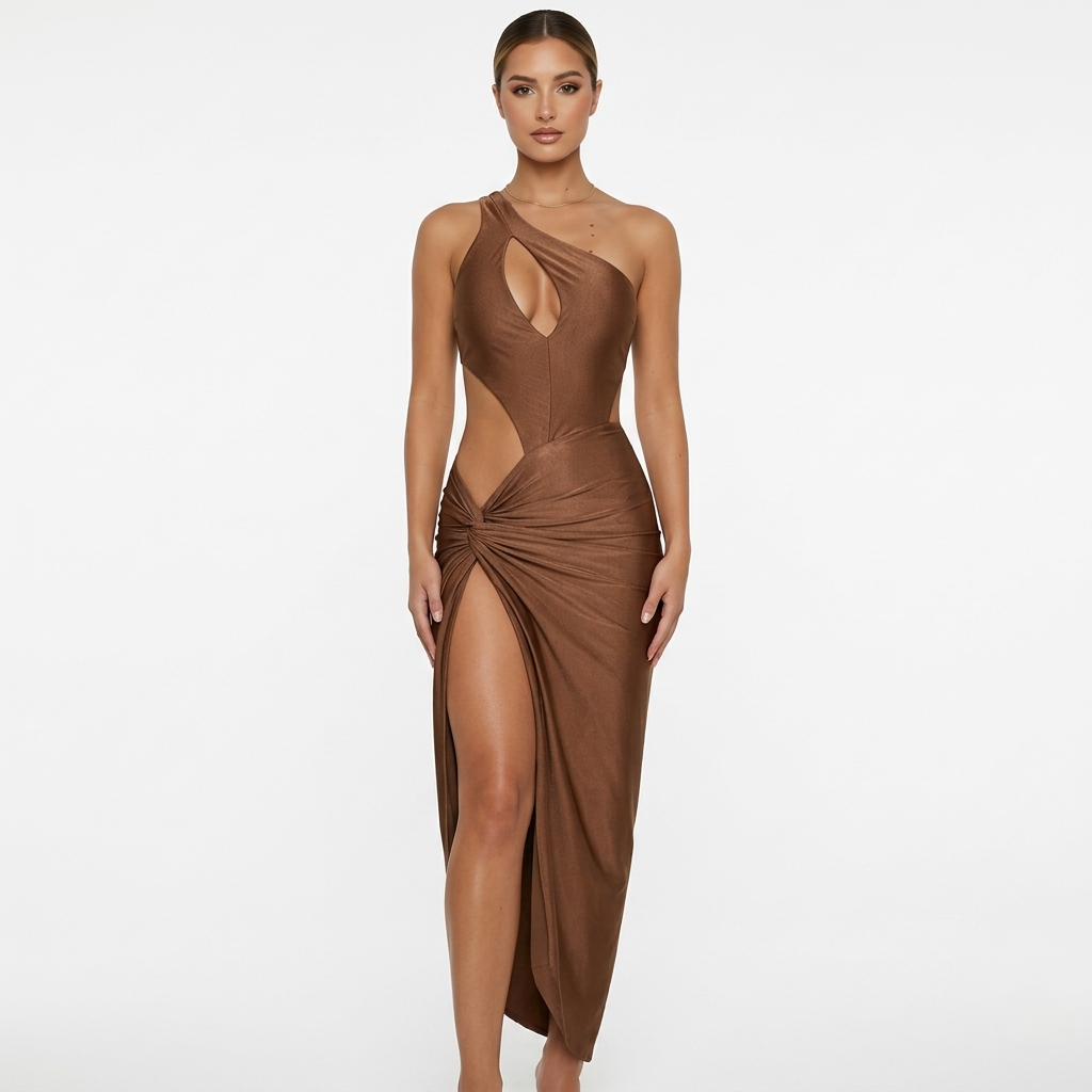Maxi Dress Women's One Shoulder Bodycon Cut Out Ruched High Split