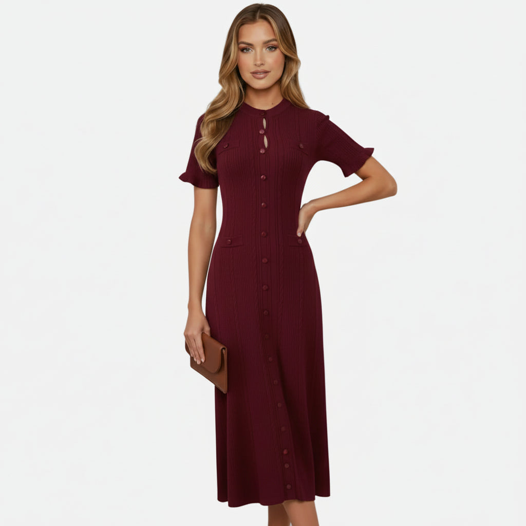 Mavenburry | Women’s Button-Front Ribbed Knit Long Midi Dress