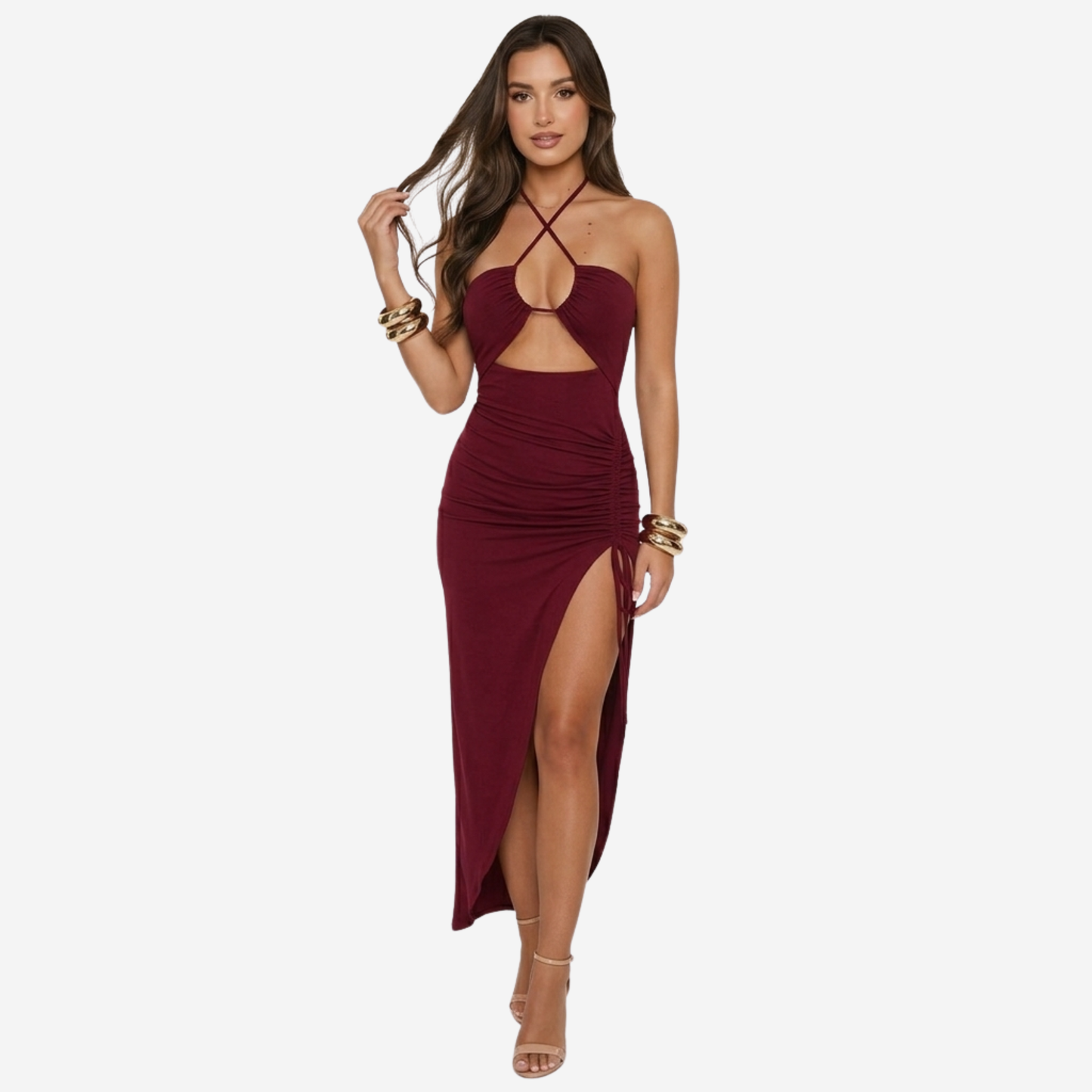Maxi Dress Women's Halter Cut-out Ruched Side Slit with Drawstring