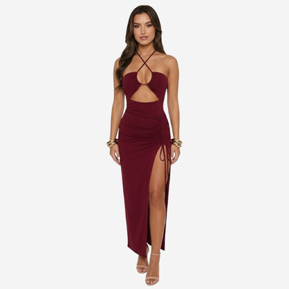 Maxi Dress Women's Halter Cut-out Ruched Side Slit with Drawstring