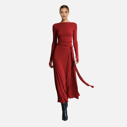 Wrap Maxi Dress Women's Long Sleeve Boat Neck