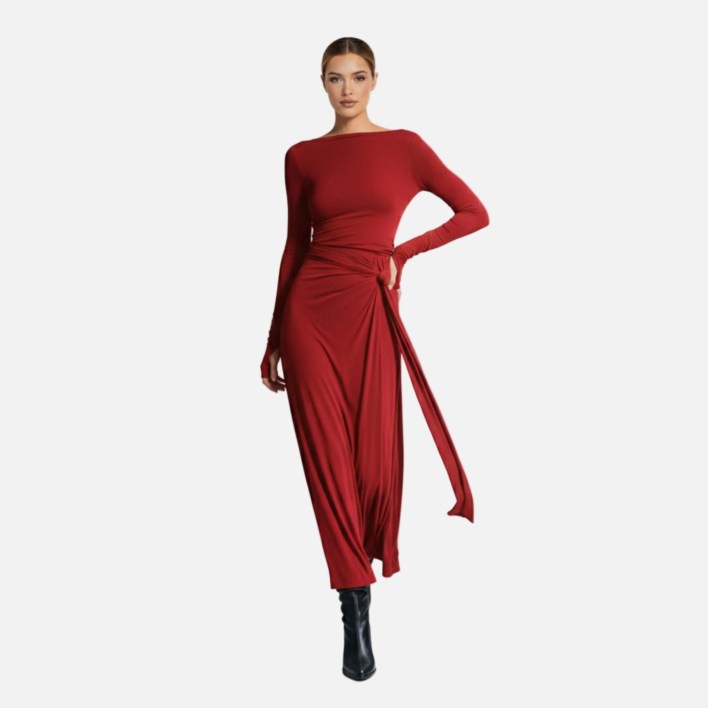 Wrap Maxi Dress Women's Long Sleeve Boat Neck