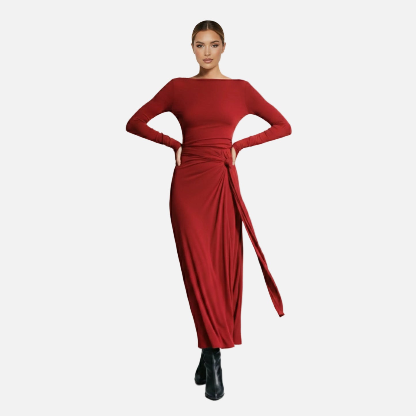 Wrap Maxi Dress Women's Long Sleeve Boat Neck