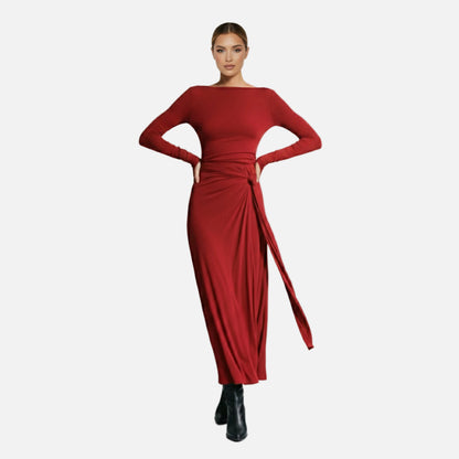 Wrap Maxi Dress Women's Long Sleeve Boat Neck