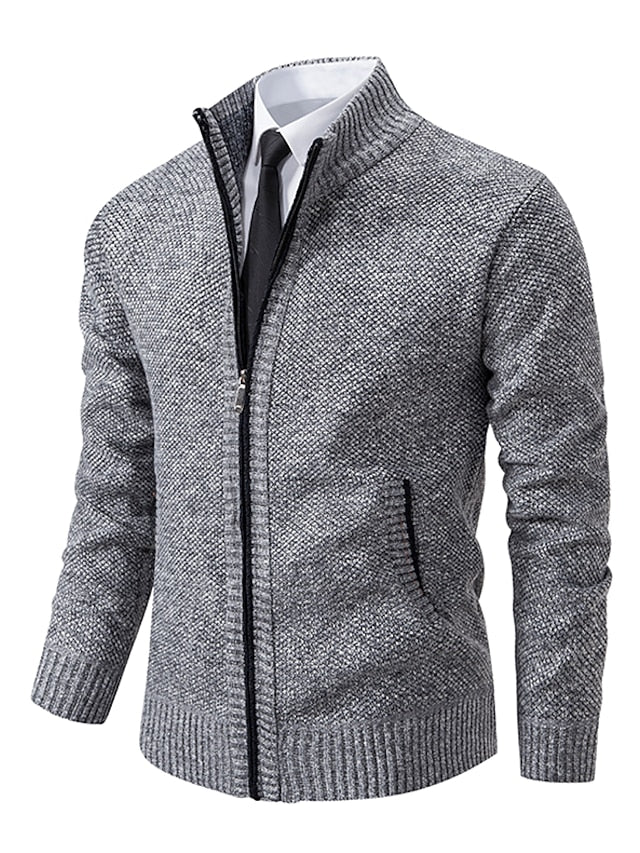 Light grey marl zip-up cardigan with a stand collar, ribbed cuffs and hem, and dark zip edging, styled with a shirt and tie. 3