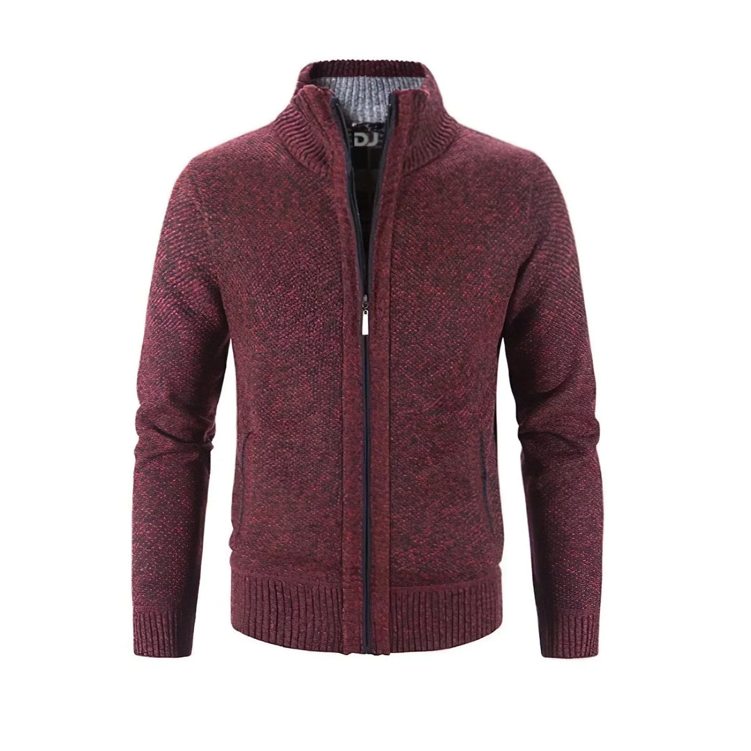 Burgundy marl zip-up cardigan with ribbed stand collar and a plaid lining visible at the open neckline, on a plain white background. 5
