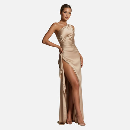 Maxi Dress Women's One Shoulder Satin Slit