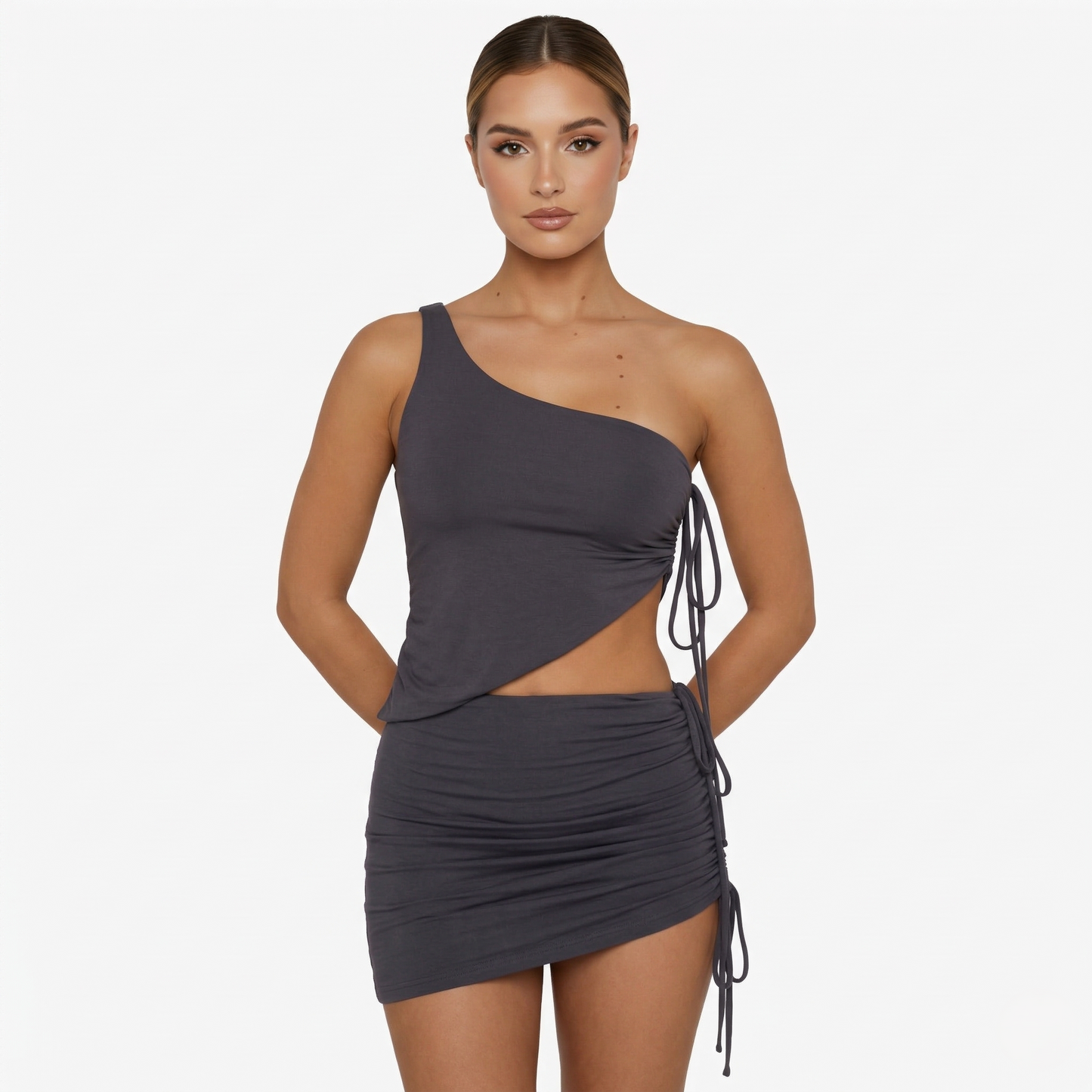 Two Piece Set Women's One Shoulder Asymmetrical Hem Crop Top and Drawstring Mini Skirt