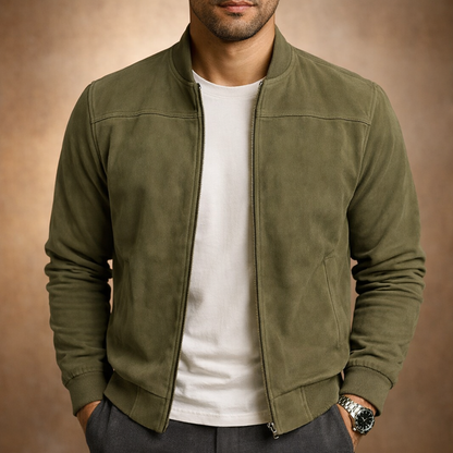 Front view of the jacket in olive green, worn open over a white t-shirt with ribbed cuffs and hem. 2