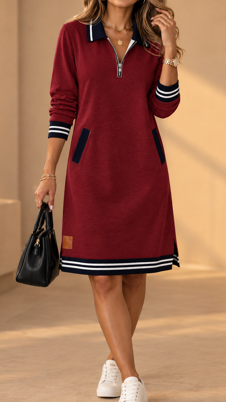 Model wearing the dress in burgundy red with navy and white striped trims, side pockets and small tan patch, paired with white trainers. 3