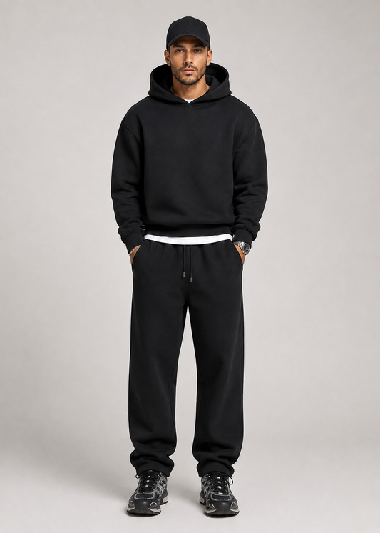 Full-length studio shot of a model in the black hoodie and joggers, wearing a black cap and trainers, hands in pockets. 1