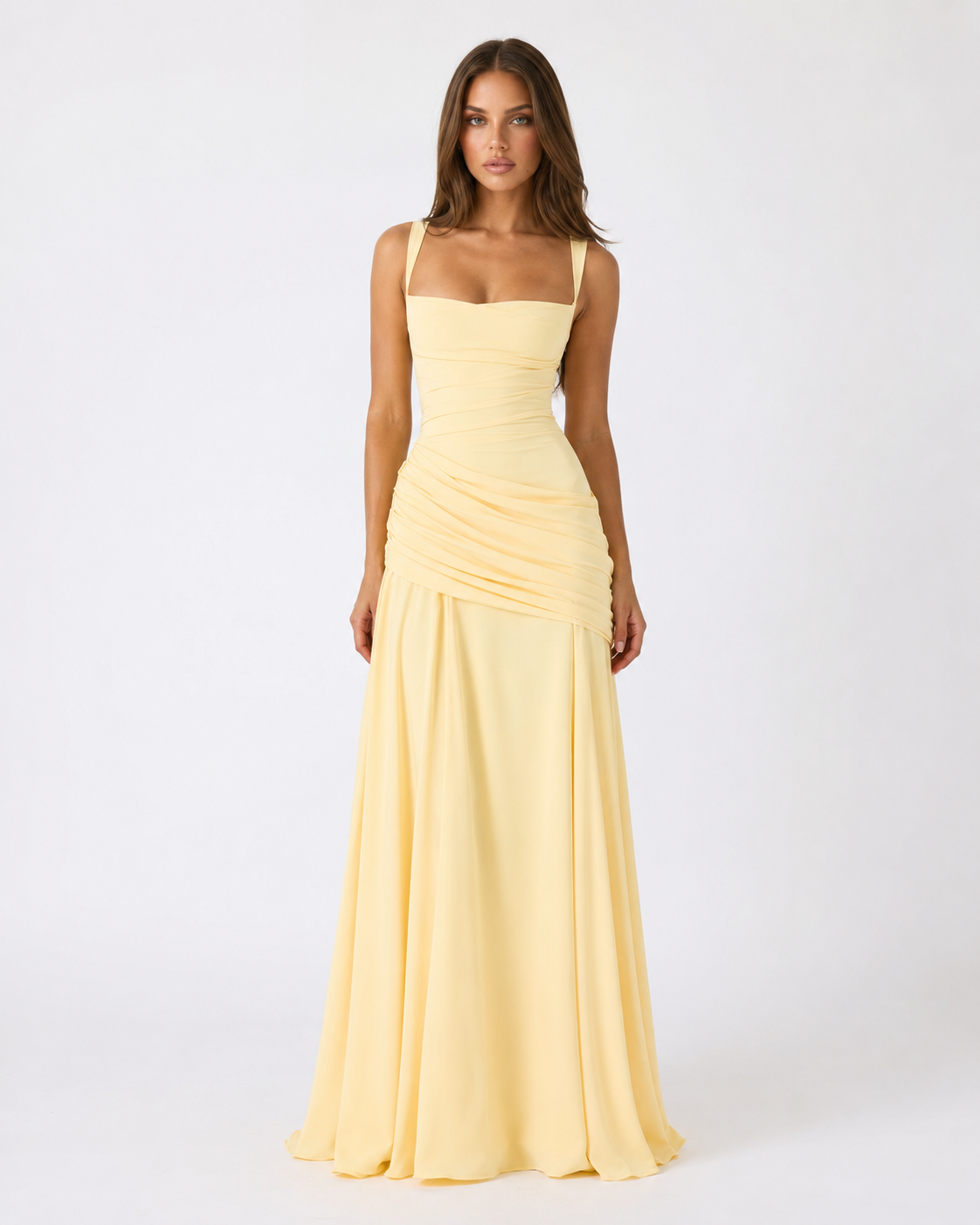 Front view of the pale yellow dress, showing the square neckline, wide straps and diagonal side draping. 4