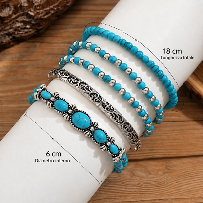 The five bracelets laid over a white tube on wood, with measurement lines marking the overall length and inner diameter. 4