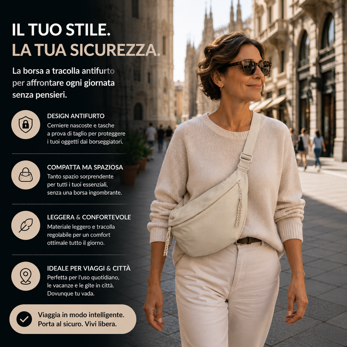 Woman in a cream jumper and trousers wearing the beige bag across her body on a sunny city street, with feature icons beside her. 2