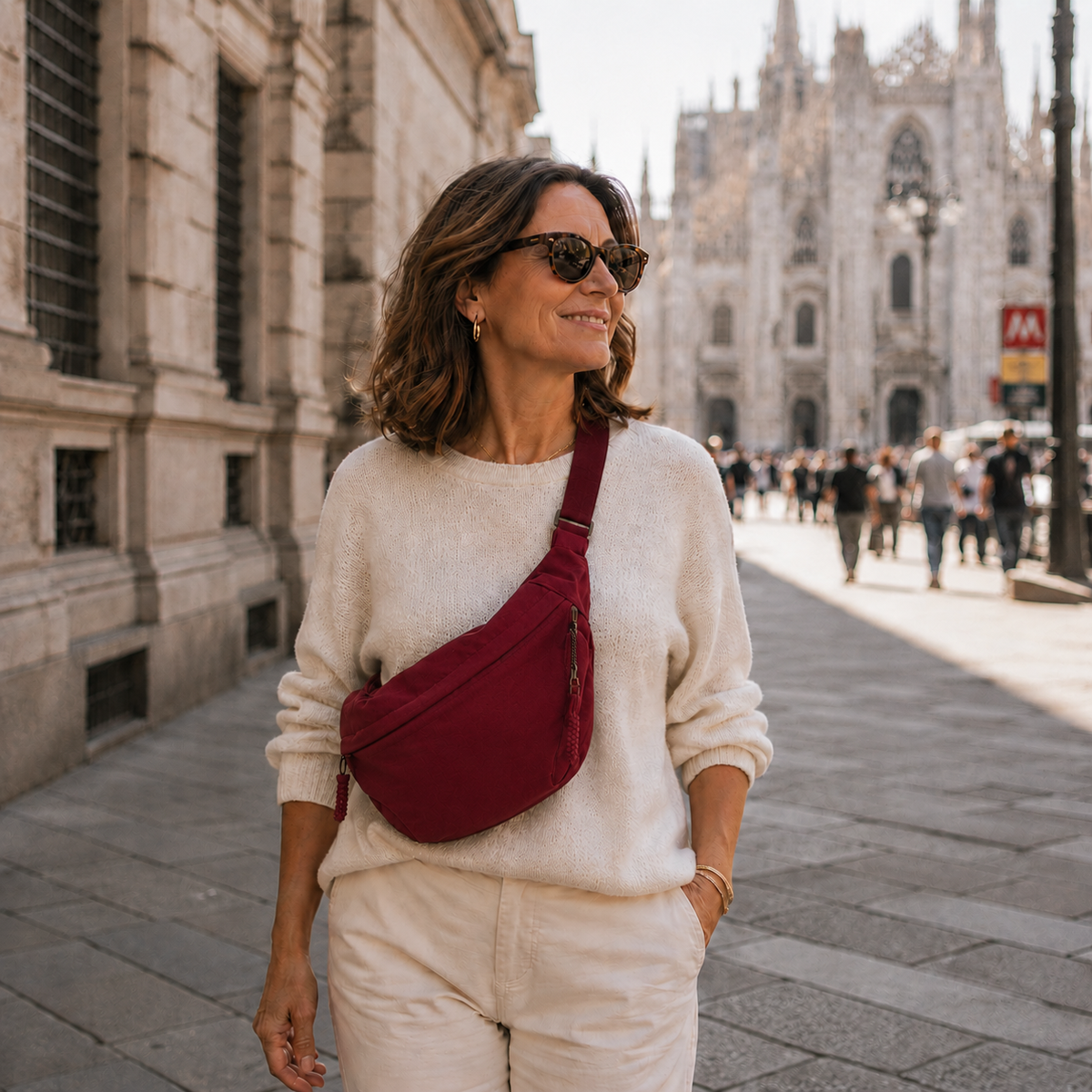 Smiling woman in a cream jumper and sunglasses walking through a historic square, wearing the burgundy bag diagonally across her chest. 4