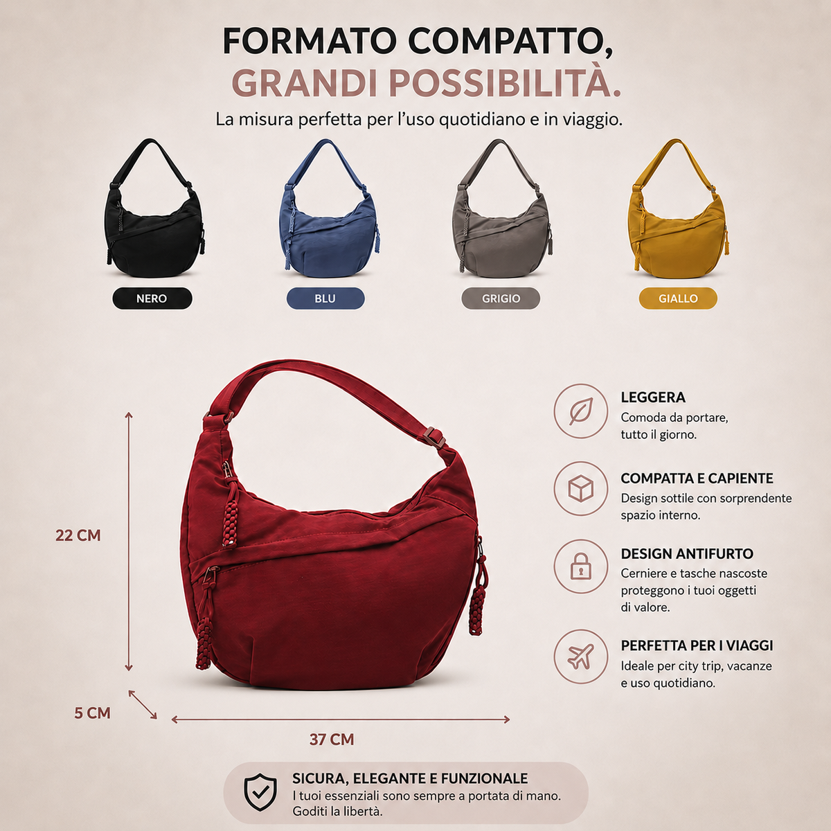 Burgundy bag with its height, width and depth marked, above smaller versions in black, blue, grey and yellow, plus feature icons. 3