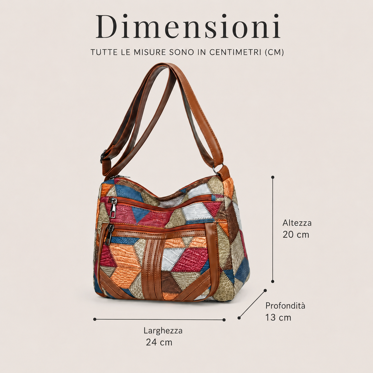 Bag on a plain background with arrows marking its height, width and depth in centimetres. 8
