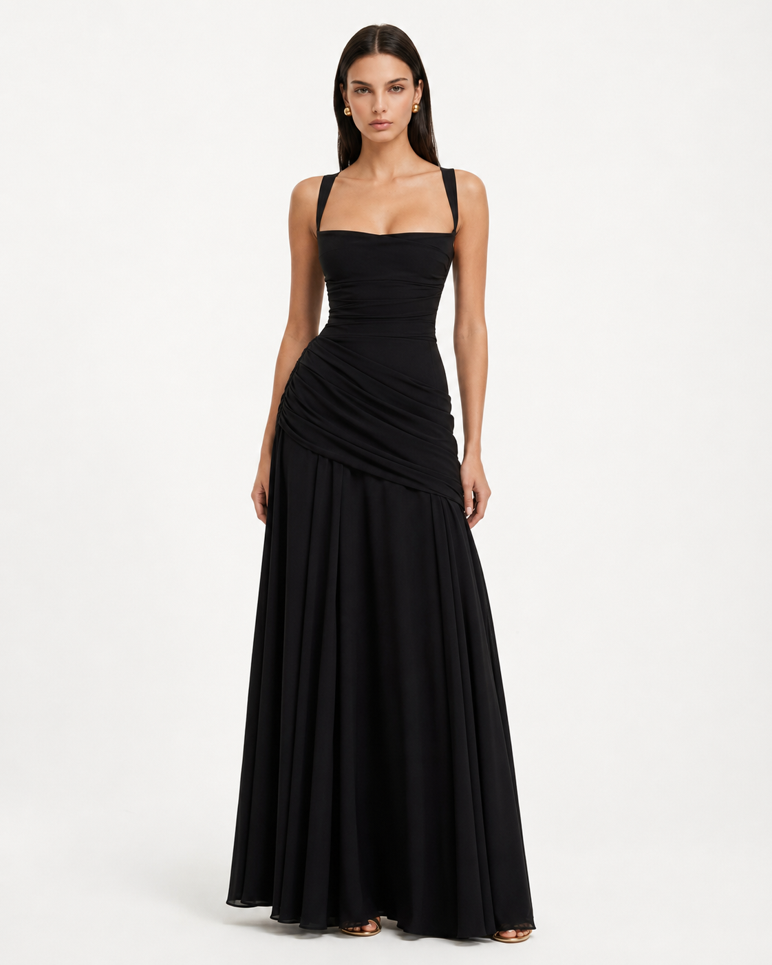 Front view of the black dress with square neckline, wide straps and draped side detail. 17