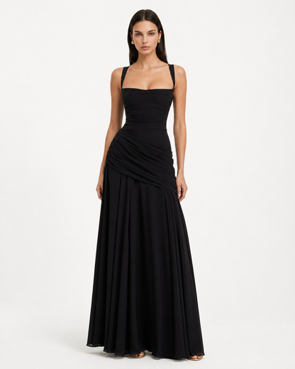 Front view of the black dress with square neckline, wide straps and draped side detail. 17