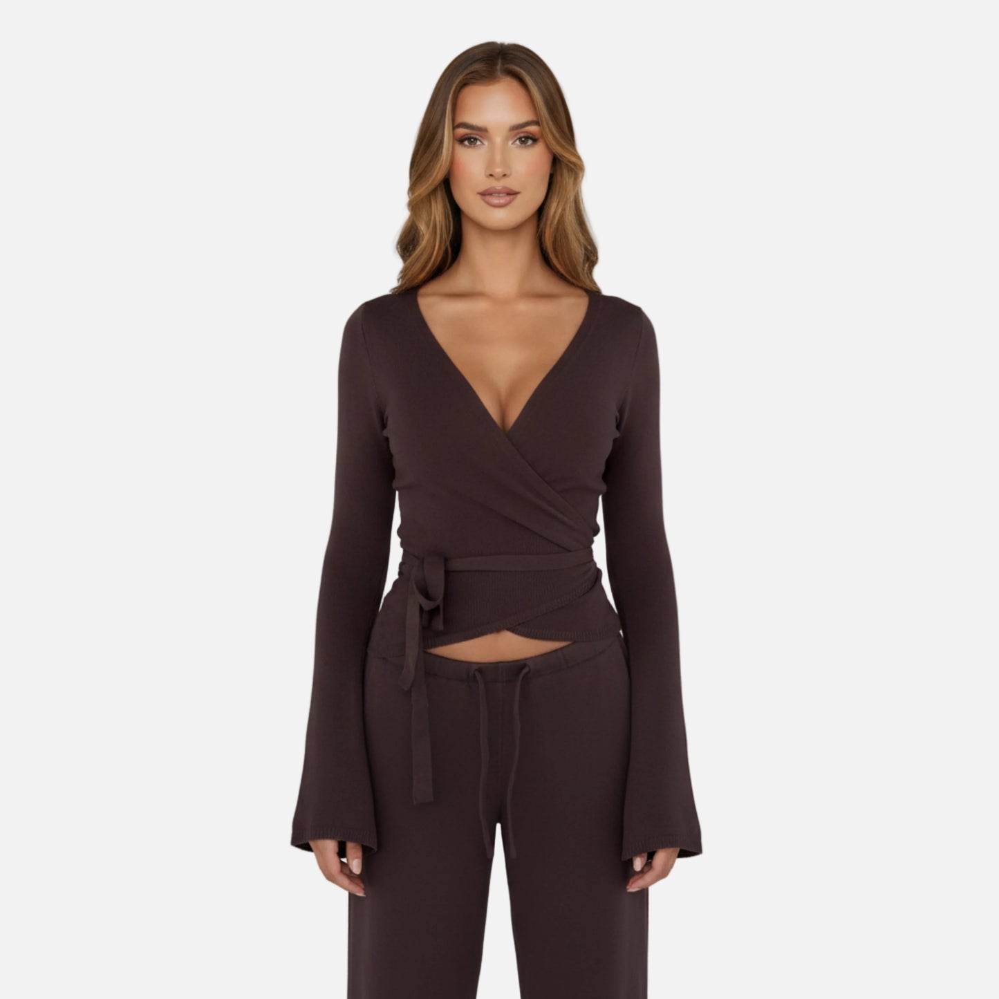Knit Lounge Set Women's Wrap Top and Wide Leg Trousers