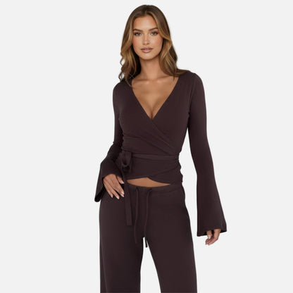 Knit Lounge Set Women's Wrap Top and Wide Leg Trousers