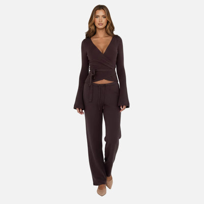 Knit Lounge Set Women's Wrap Top and Wide Leg Trousers