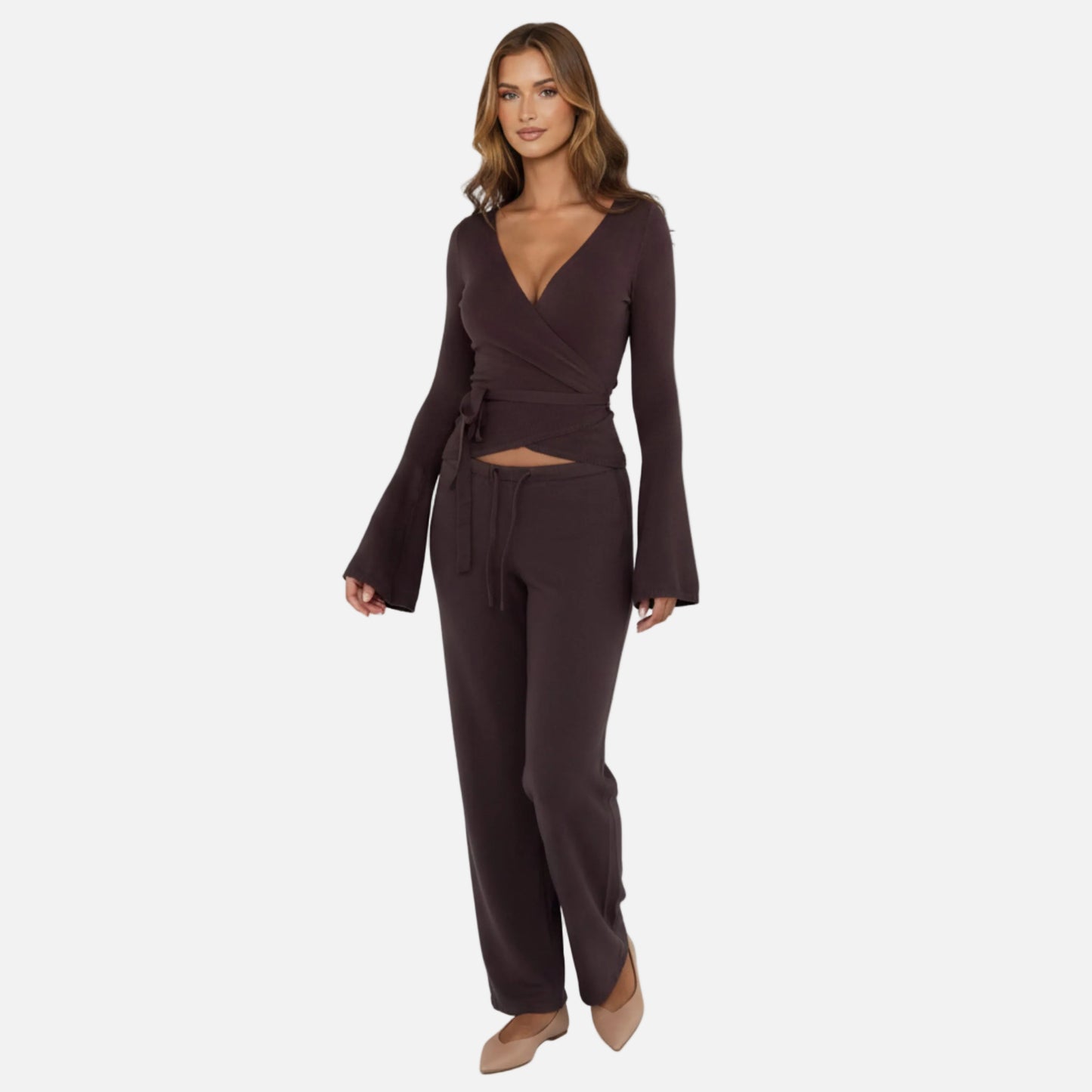 Knit Lounge Set Women's Wrap Top and Wide Leg Trousers